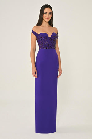 Drop Shoulder Crepe Maxi Dress with Embellishment