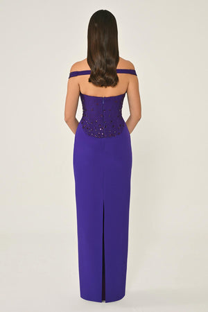 Drop Shoulder Crepe Maxi Dress with Embellishment