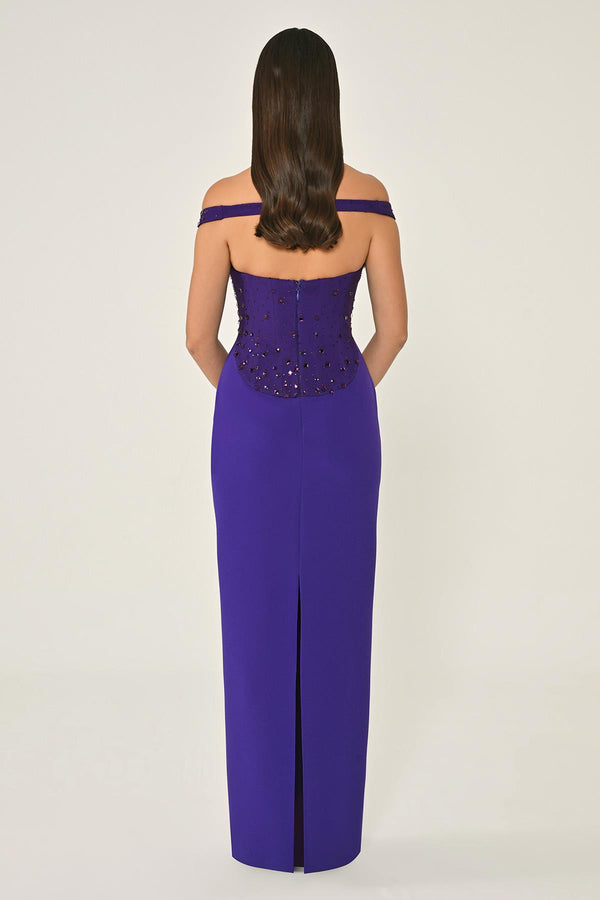 Drop Shoulder Crepe Maxi Dress with Embellishment