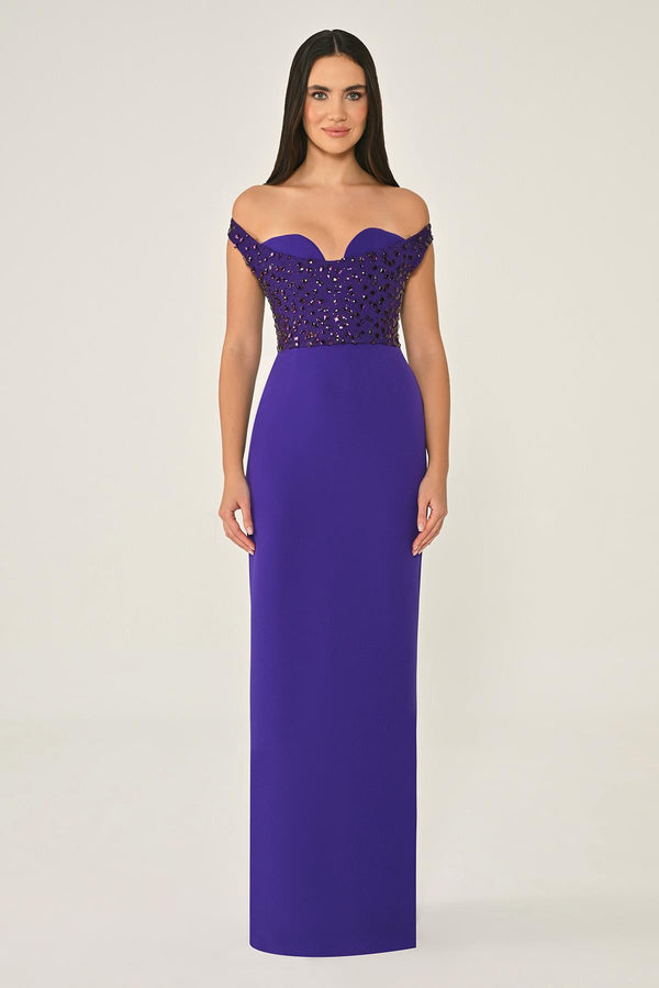 Drop Shoulder Crepe Maxi Dress with Embellishment