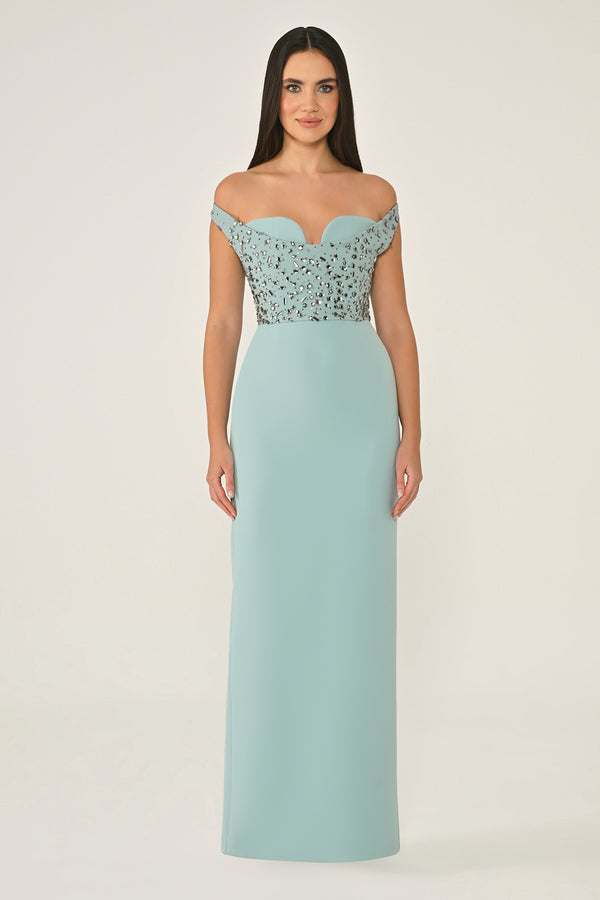 Drop Shoulder Crepe Maxi Dress with Embellishment