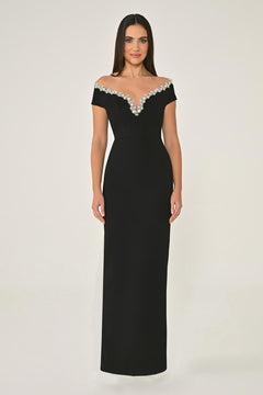 Crêpe Long Dress with Dropped Shoulder Neck Accessory