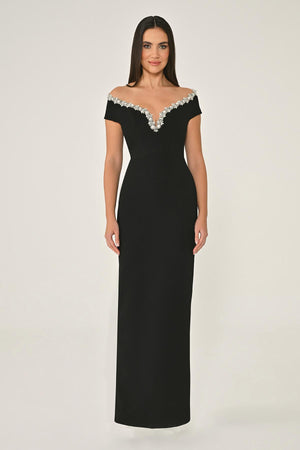 Crêpe Long Dress with Dropped Shoulder Neck Accessory