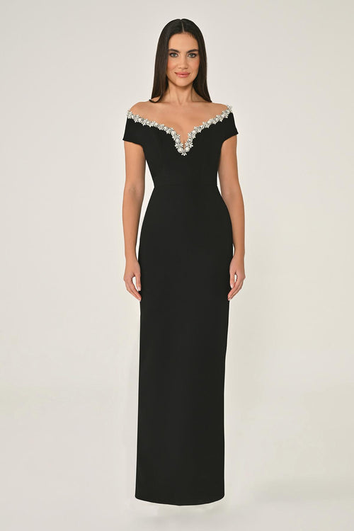 Crêpe Long Dress with Dropped Shoulder Neck Accessory