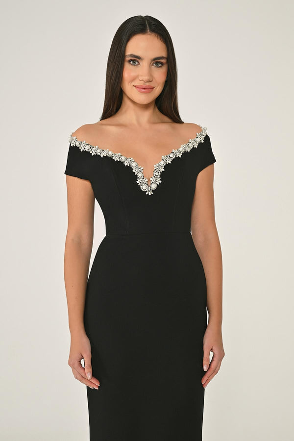 Crêpe Long Dress with Dropped Shoulder Neck Accessory