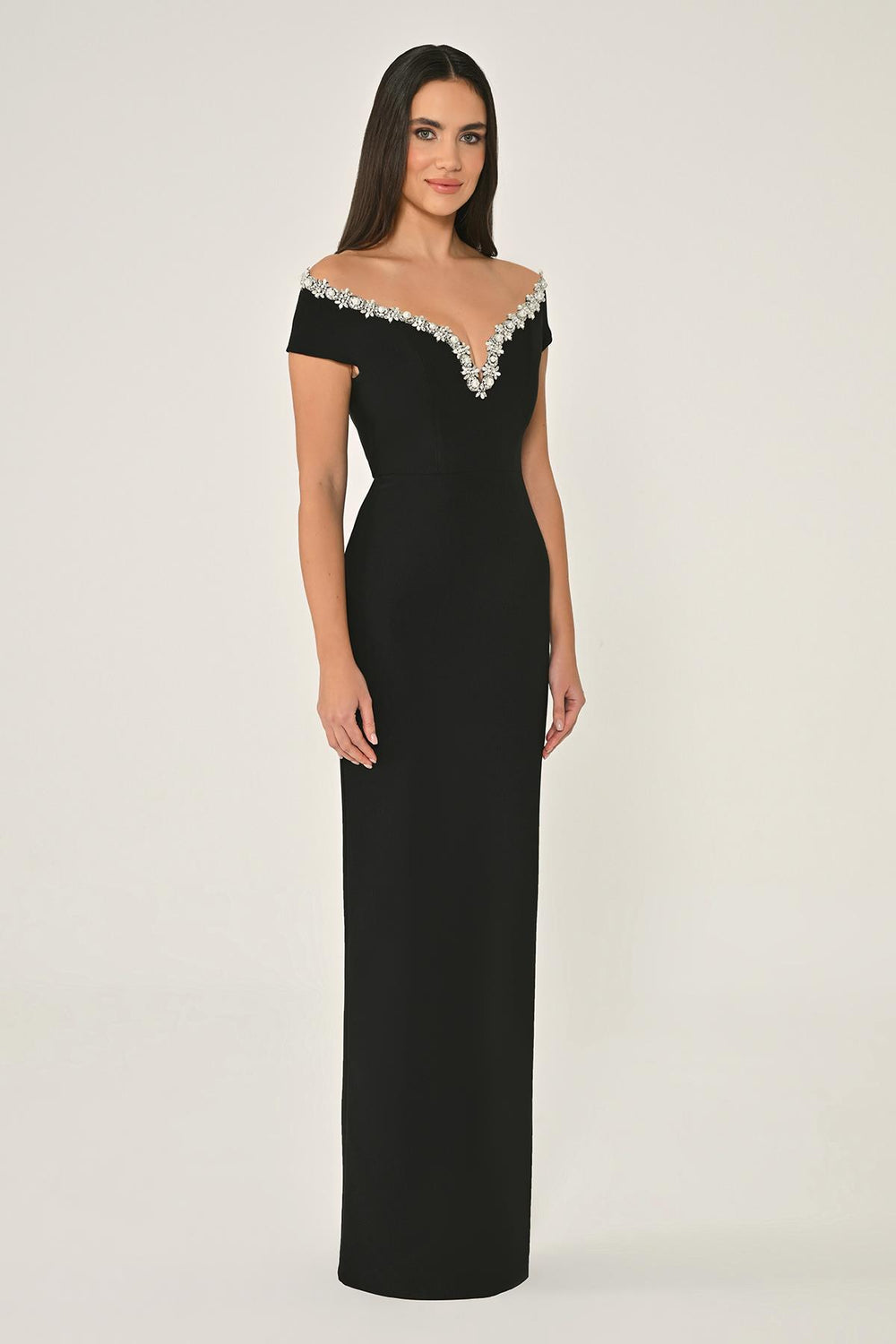 Crêpe Long Dress with Dropped Shoulder Neck Accessory