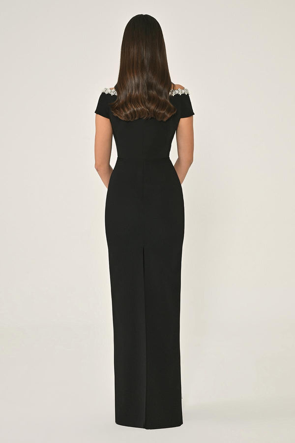 Crêpe Long Dress with Dropped Shoulder Neck Accessory