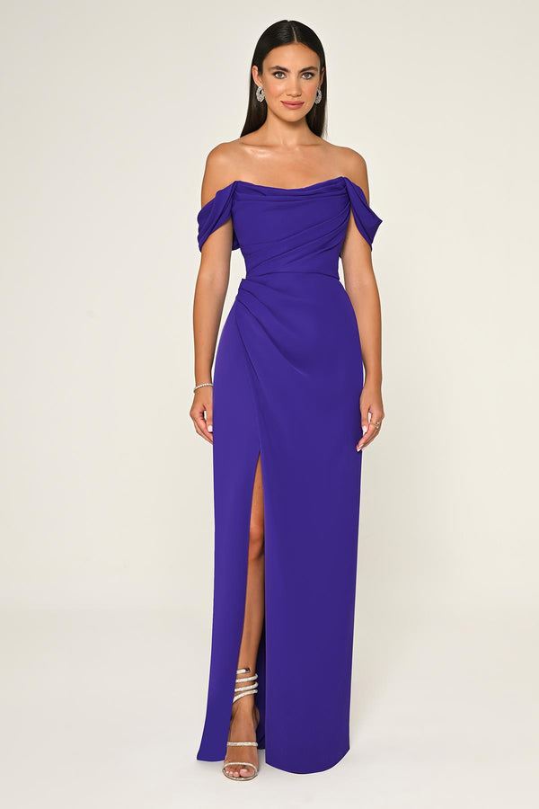Low-Shoulder Side-Slit Long Dress