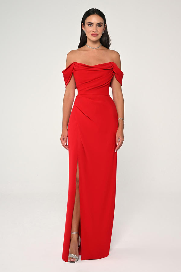 Low-Shoulder Side-Slit Long Dress