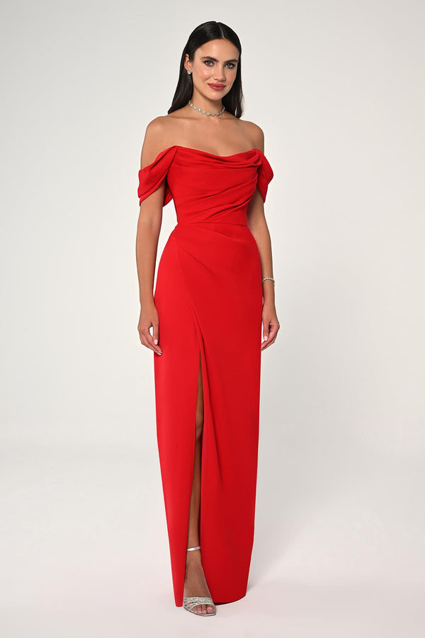 Low-Shoulder Side-Slit Long Dress