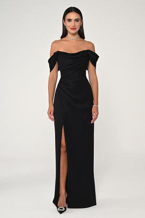 Low-Shoulder Side-Slit Long Dress