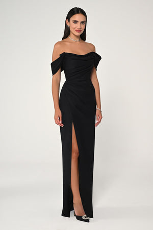 Low-Shoulder Side-Slit Long Dress
