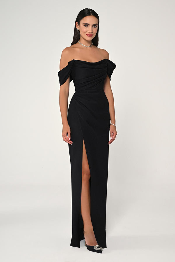 Low-Shoulder Side-Slit Long Dress