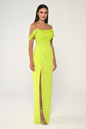 Low-Shoulder Side-Slit Long Dress