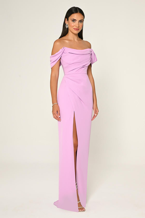 Low-Shoulder Side-Slit Long Dress