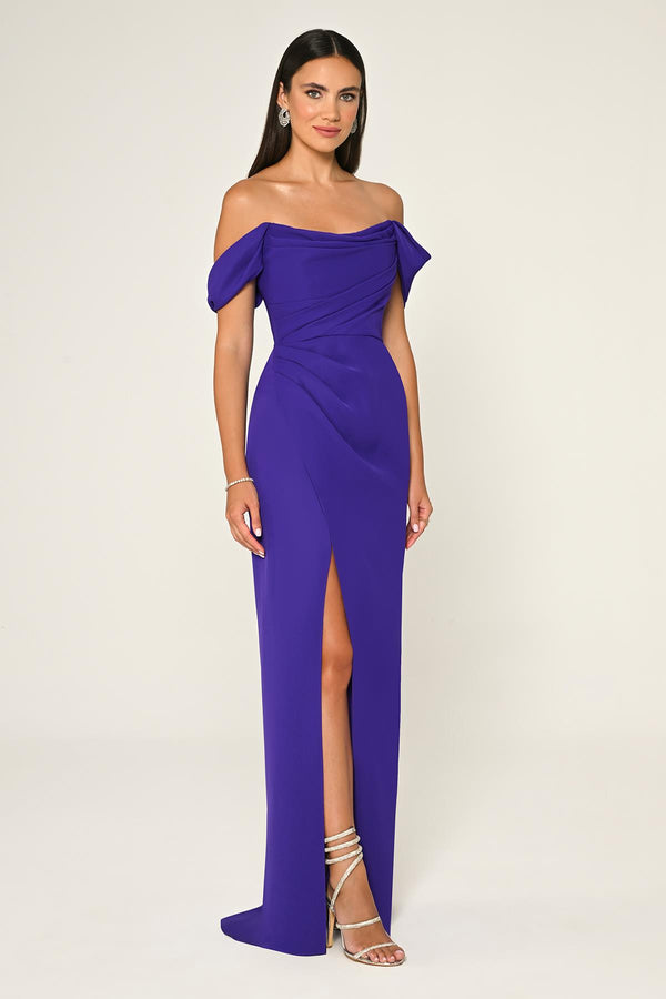 Low-Shoulder Side-Slit Long Dress