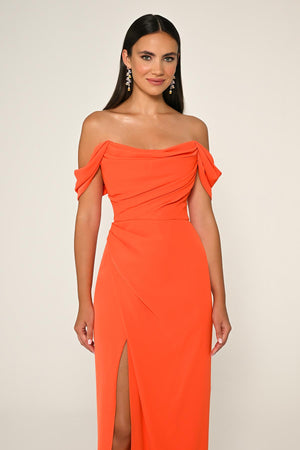 Low-Shoulder Side-Slit Long Dress