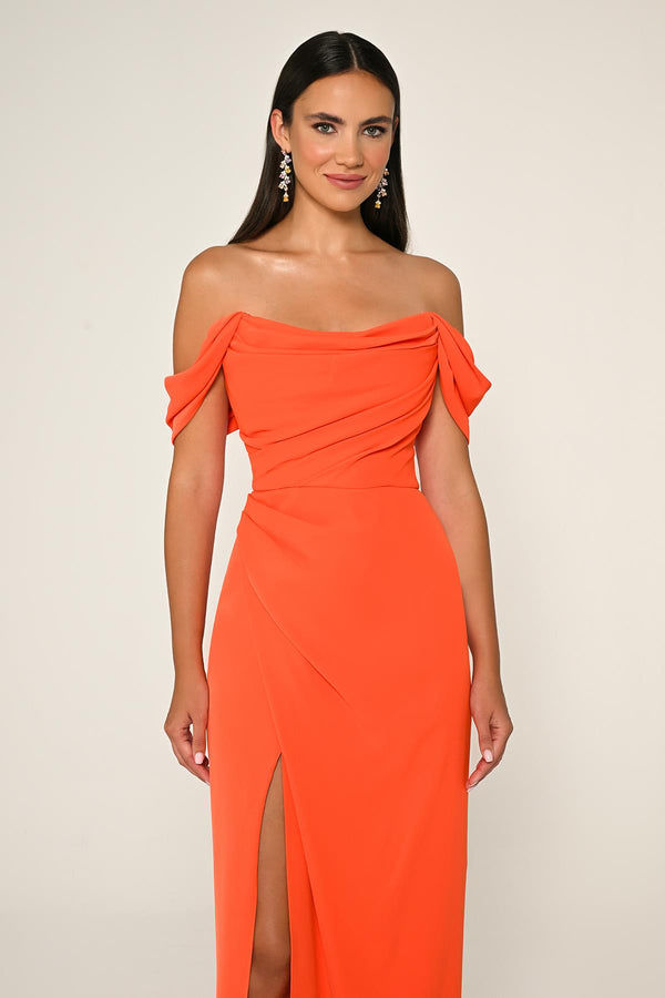 Low-Shoulder Side-Slit Long Dress