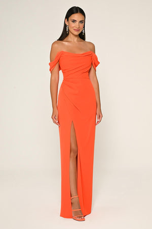 Low-Shoulder Side-Slit Long Dress