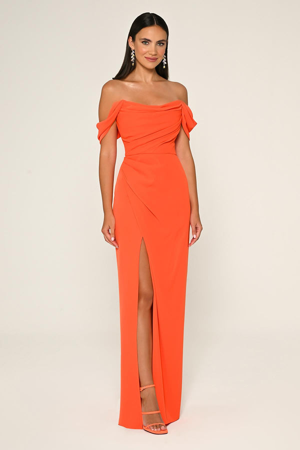 Low-Shoulder Side-Slit Long Dress