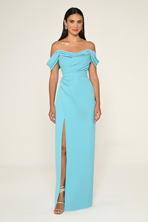 Low-Shoulder Side-Slit Long Dress