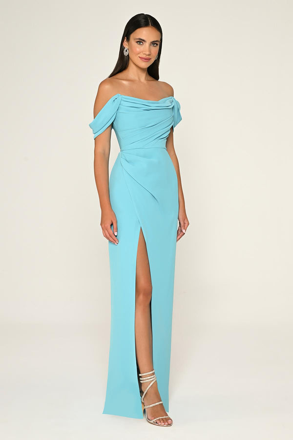 Low-Shoulder Side-Slit Long Dress