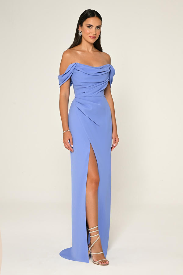 Low-Shoulder Side-Slit Long Dress