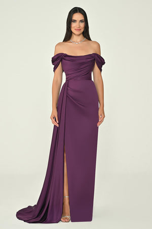 Dropped Shoulder Side Slit Satin Long Dress
