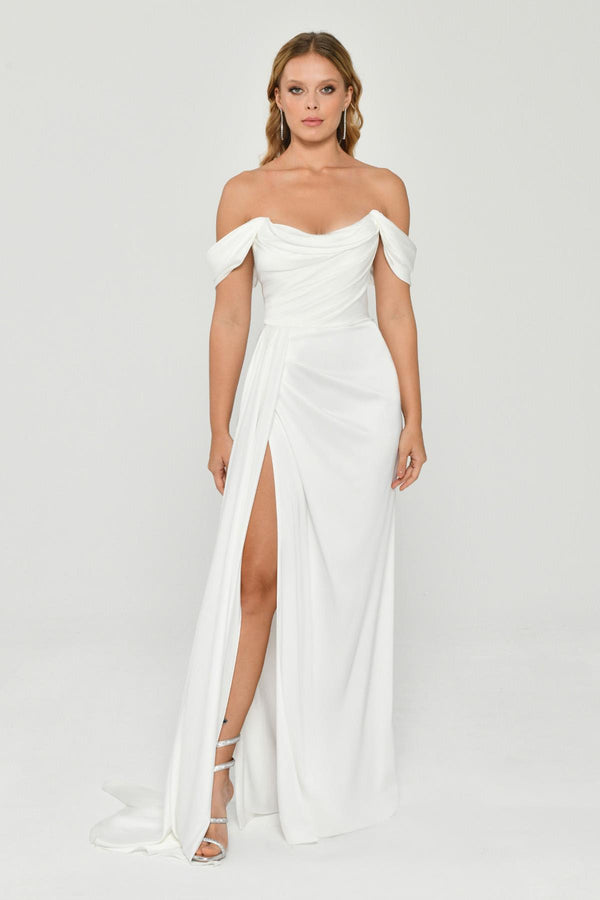 Dropped Shoulder Side Slit Satin Long Dress