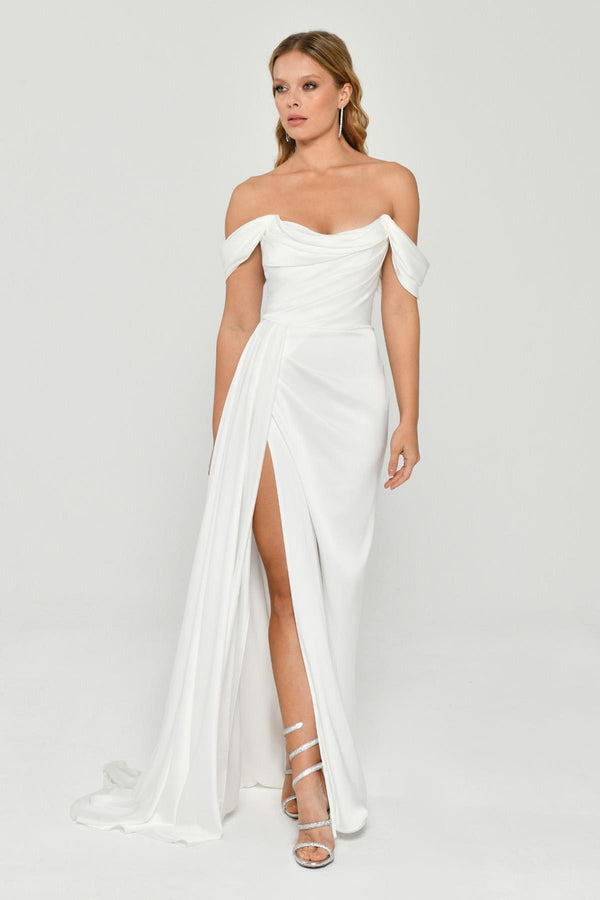 Dropped Shoulder Side Slit Satin Long Dress