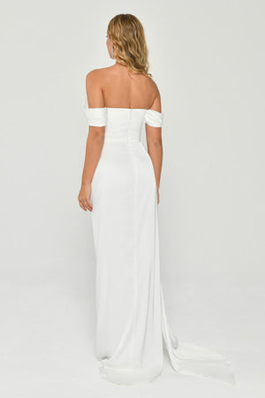 Dropped Shoulder Side Slit Satin Long Dress