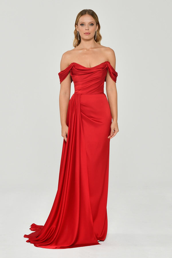 Dropped Shoulder Side Slit Satin Long Dress