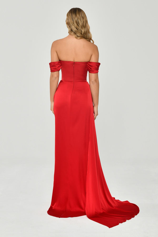 Dropped Shoulder Side Slit Satin Long Dress
