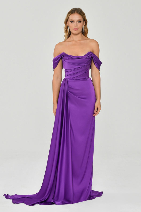 Dropped Shoulder Side Slit Satin Long Dress