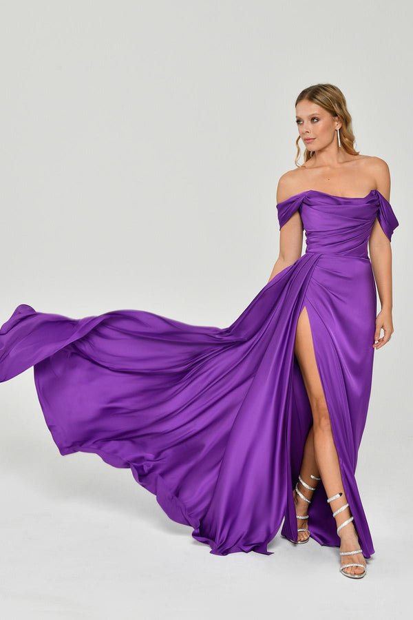 Dropped Shoulder Side Slit Satin Long Dress