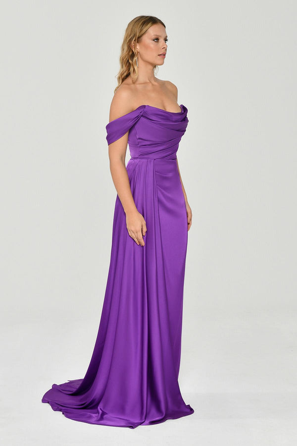 Dropped Shoulder Side Slit Satin Long Dress
