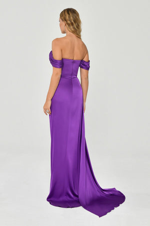 Dropped Shoulder Side Slit Satin Long Dress