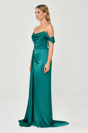 Dropped Shoulder Side Slit Satin Long Dress