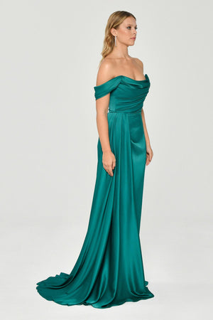 Dropped Shoulder Side Slit Satin Long Dress