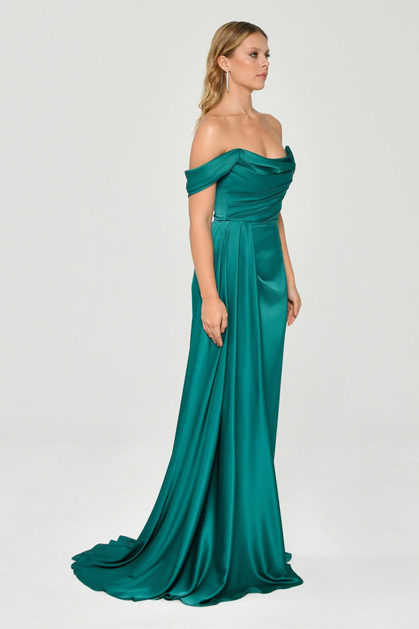 Dropped Shoulder Side Slit Satin Long Dress