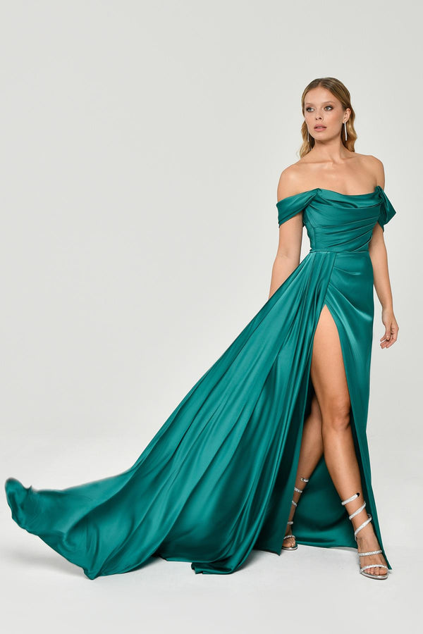 Dropped Shoulder Side Slit Satin Long Dress