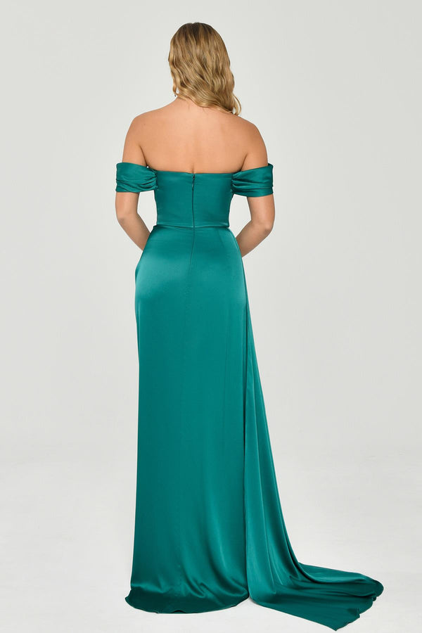 Dropped Shoulder Side Slit Satin Long Dress