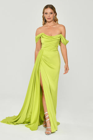 Dropped Shoulder Side Slit Satin Long Dress