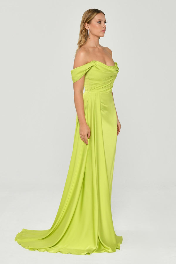 Dropped Shoulder Side Slit Satin Long Dress