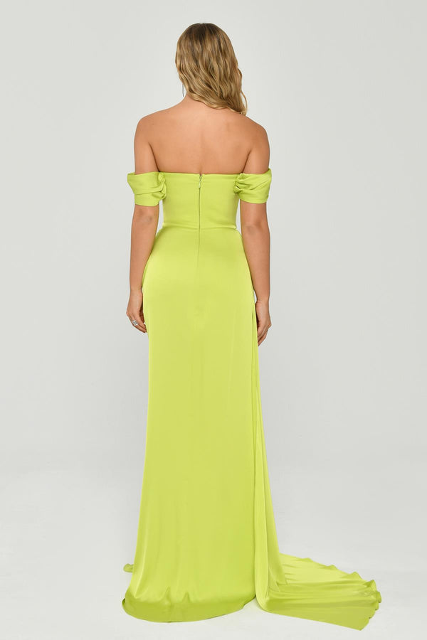 Dropped Shoulder Side Slit Satin Long Dress