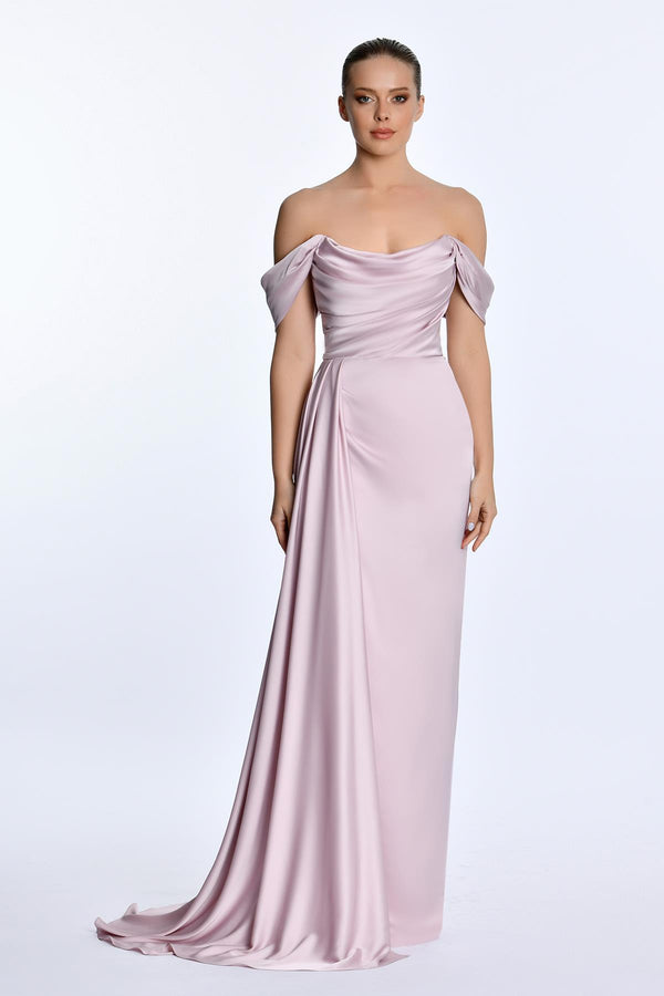 Dropped Shoulder Side Slit Satin Long Dress