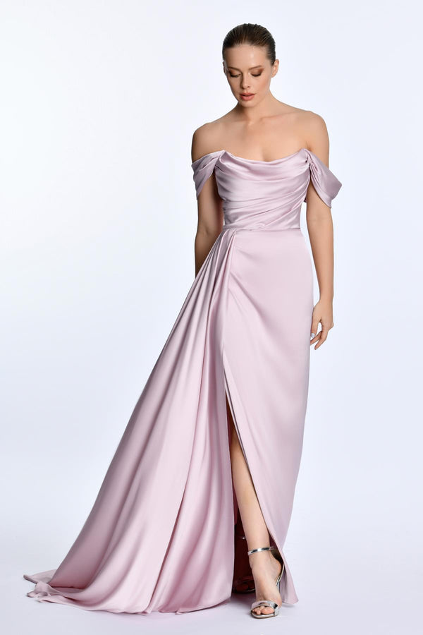 Dropped Shoulder Side Slit Satin Long Dress
