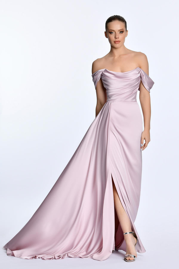Dropped Shoulder Side Slit Satin Long Dress