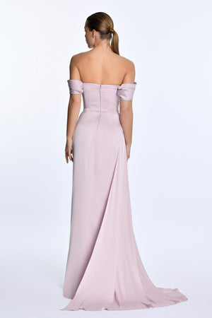 Dropped Shoulder Side Slit Satin Long Dress