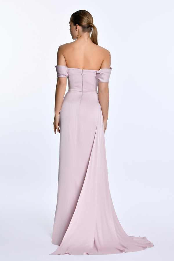 Dropped Shoulder Side Slit Satin Long Dress